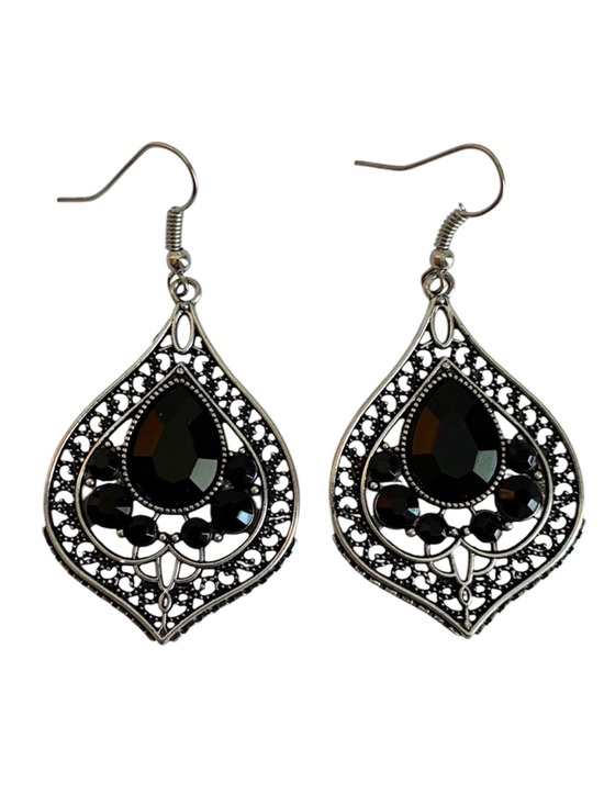 Jewelry - Vintage Silver-Tone Black Teardrop Filigree Dangle Earrings